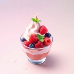 Delightful dessert: pink swirl ice cream topped with fresh raspberries and blueberries in a clear glass cup.