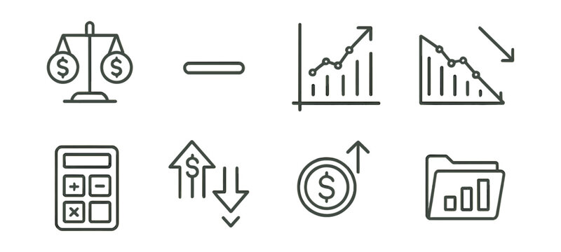 Set of six icons that include a calculator, a balance scale, a dollar sign