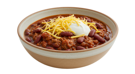 Delicious hearty chili bowl topped with cheese and sour cream