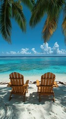 Turquoise waters meet sandy shores under tropical palms, with two chairs inviting relaxation