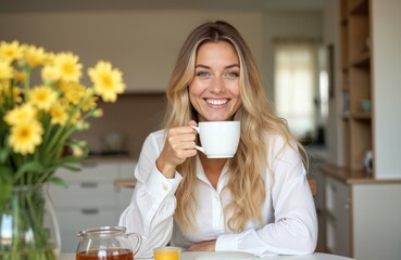 Young blonde woman smiles while drinking tea from white mug. Morning routine at home, enjoying herbal beverage. Cozy living room interior with yellow flowers. Happiness, relaxation, home comfort.