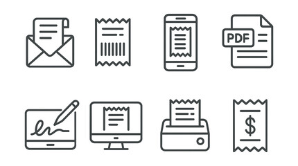 Set of icons for various office supplies, including a pen, a keyboard