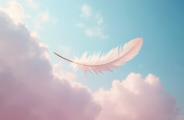 White feather floats against pastel pink-blue sky background. Soft clouds add dreamy airy vibe. Tranquil composition evokes feeling of freedom, lightness, peace, purity. Concept image for dream, © miss irine