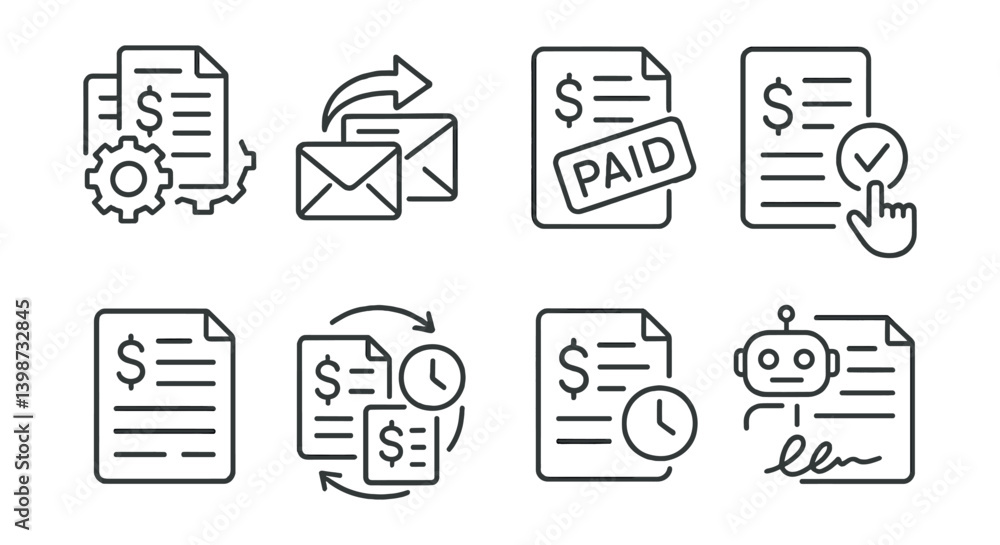 Poster set of six different icons that represent different aspects of a document