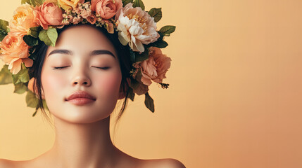 Beautiful young woman with closed eyes wearing floral wreath made of blooming peony flowers on pastel background, natural beauty portrait for skincare, spring fashion, floral cosmetics, spa wellness, 