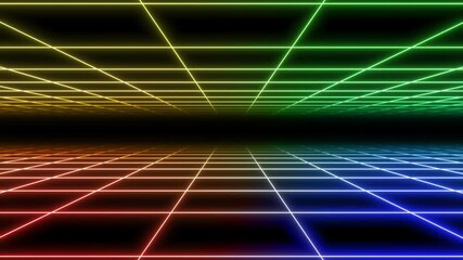 4K Double Parallax Retro Abstract VJ Motion Background Loop Inspired by 1980's: Infinite Flight Over Glowing multicolor Neon Square Grid, 3D Abstract 1980's Retrowave Cyberpunk Neon Background - Powered by Adobe