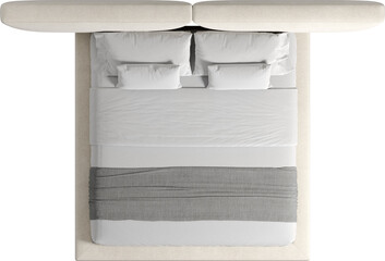 Top view of double bed with headboard and blanket	