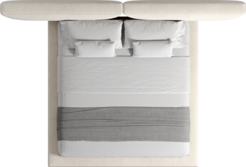 Top view of double bed with headboard and blanket	