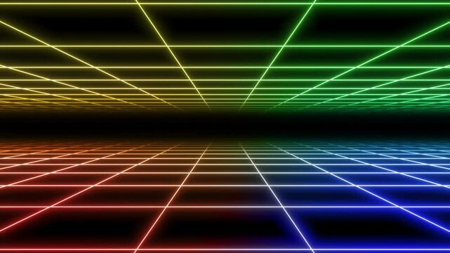 4K Double Parallax Retro Abstract VJ Motion Background Loop Inspired by 1980's: Infinite Flight Over Glowing multicolor Neon Square Grid, 3D Abstract 1980's Retrowave Cyberpunk Neon Background