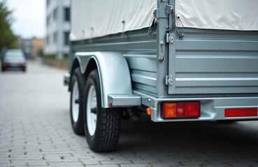Car trailer parked on city street. Vehicle for transporting goods. Road transport equipment. Trailer for sale, car rental. Cargo transport. Automobile, truck.