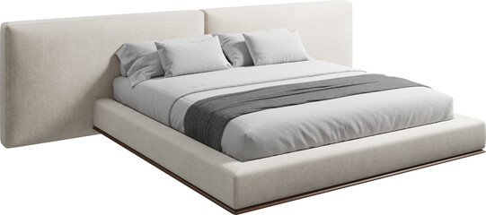 Perspective view of double bed with headboard and blanket	