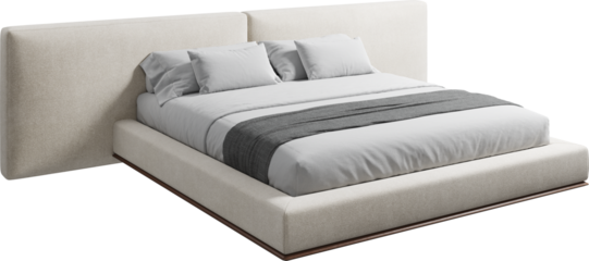 Perspective view of double bed with headboard and blanket	