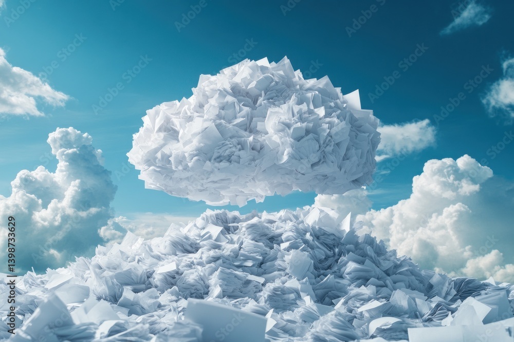 Poster a unique cloud shaped from a multitude of white papers hovers in a bright blue sky surrounded by flu