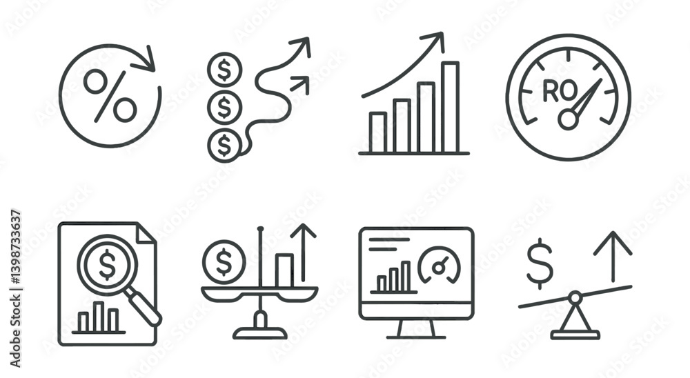 Aufkleber set of six different icons that represent different financial concepts