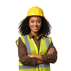 African American female construction worker in high visibility attire with a confident smile and arms crossed isolated on transparent background
