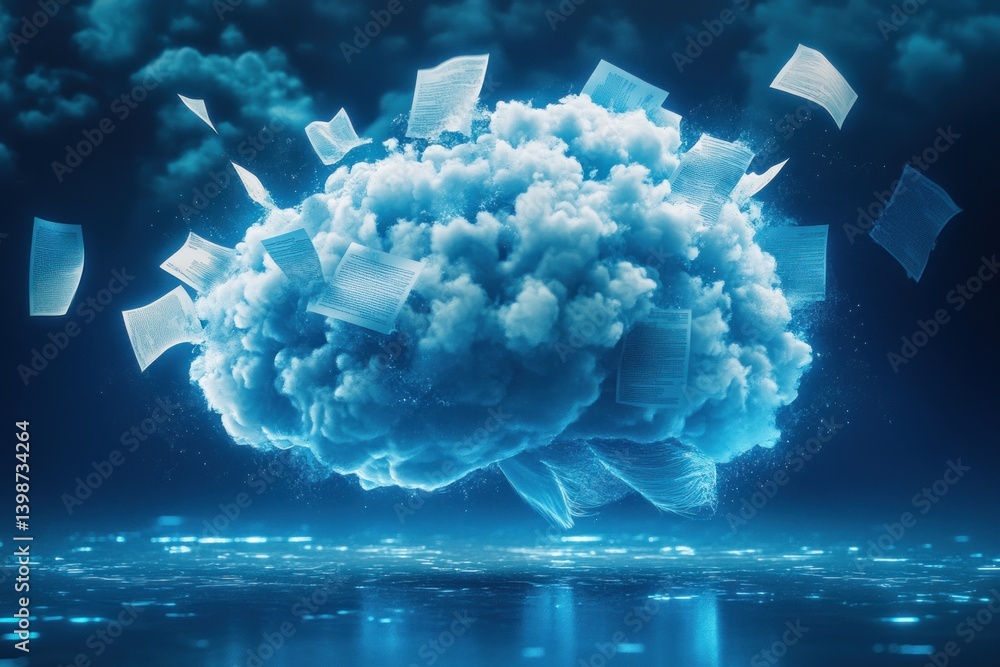 Poster a digital brain formed from light blue clouds processes information, with sheets of data floating ar