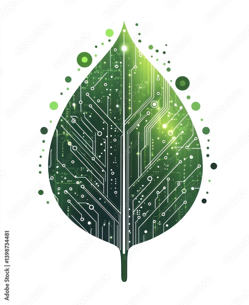 Poster a digital representation of a leaf incorporates intricate circuit patterns, highlighting the blend o