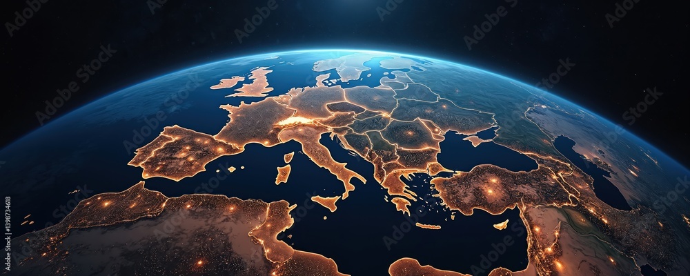 Poster panoramic view of europe, middle east at night. global map of continents with city lights. planet ea