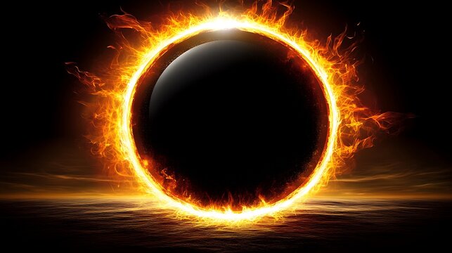 Burning fire surrounds a dark circle on a darkened black background
