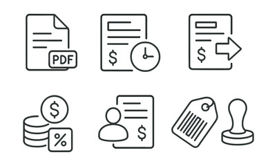 Set of six icons for different types of documents and transactions