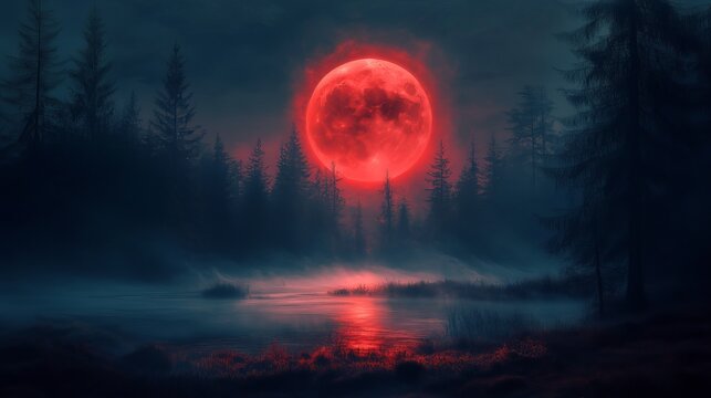 Red moon over dark forest landscape wallpaper blood moon aesthetic night scene nature background image art