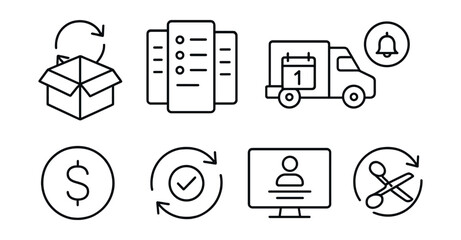 Set of icons for a business, including a box, a truck, a person