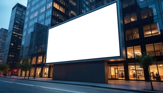 Large advertising billboard mockup against modern building in urban city. Blank white screen digital display for OOH media marketing. Empty space to promote products, services. Roadside advertisement