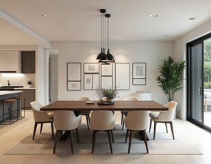 Fototapeta premium Spacious dining room design adjacent to modern kitchen. Features stylish dining table with six chairs. Design incorporates plants. Simple residential interior with comfortable atmosphere. White