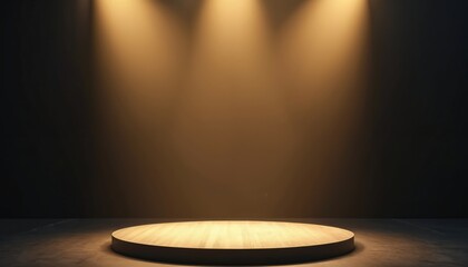 Golden stage platform illuminated by spotlights. Dark moody background for product placement, presentation award ceremony. Empty podium stage for display, showcase, elegant, premium, festive
