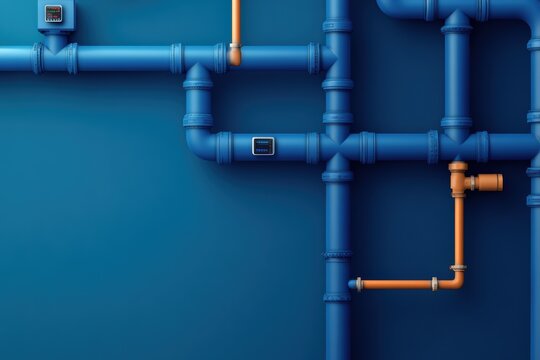 Modern graphic layout featuring blue and orange water pipes against a dark background