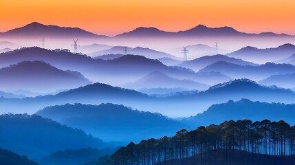 Fototapeta premium A scenic landscape showcasing layers of mountain ranges and a colorful sky