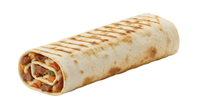 Delicious rolled tortilla wrap filled with savory ingredients showcasing appealing textures and colors