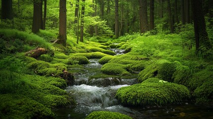 Obraz premium Lush green forest stream mossy rocks nature photography scenic landscape woodland tranquil environment