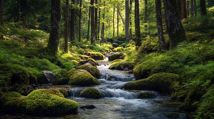 Obraz premium Beautiful forest stream landscape photography nature scene with mossy rocks and green trees scenic view 100