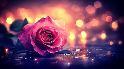 A delicate pink rose lies with lovely soft bokeh lights