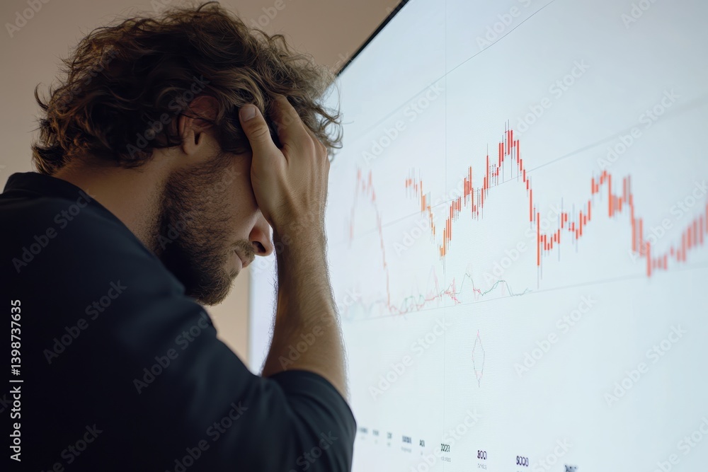 Poster man in office reflects on declining chart while holding his head in frustration during work hours