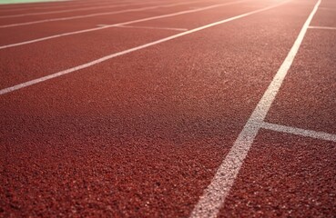 Close-up view of red running track. Rubber coating with white lane markings. Sport background for competition or training. Athletic venue, empty stadium. Healthy lifestyle, active people run, sprint.
