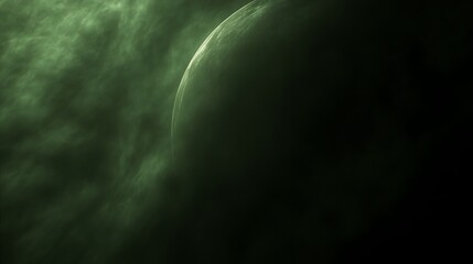 A mysterious green planet is surrounded by swirling atmospheric gases