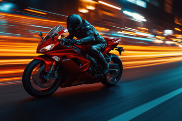 Fototapeta premium A red sports motorcycle races along a highway at night, producing a thrilling blur of colors from surrounding lights and motion