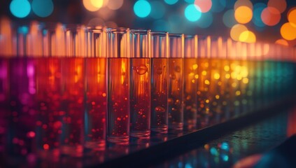 Test tubes filled with vibrant liquids create a colorful display, showcasing the results of a scientific experiment in a laboratory setting