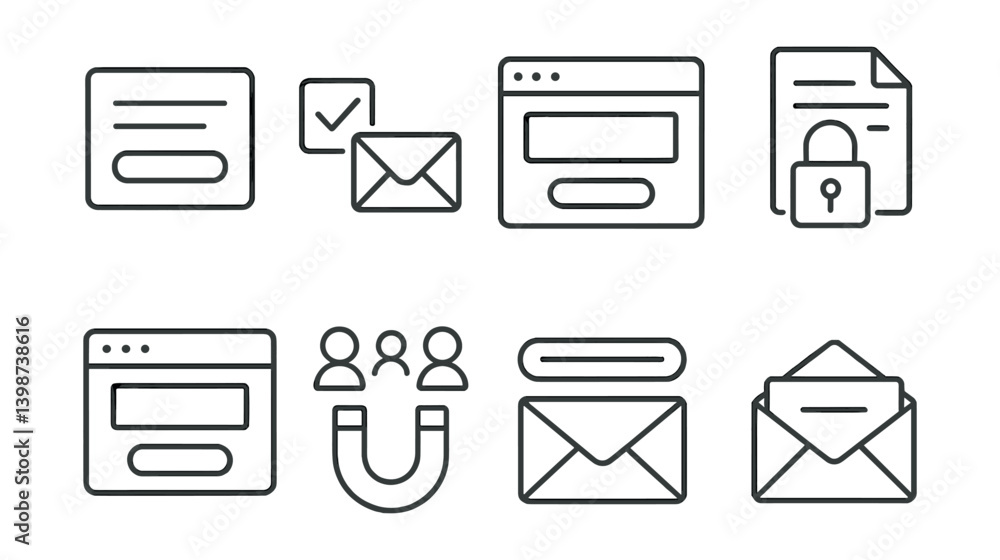 Poster set of icons for a computer screen, including a button, a check mark, a key