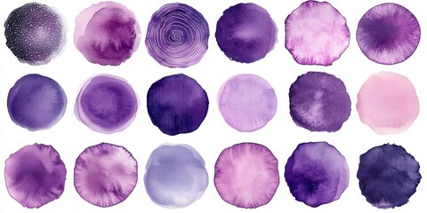 Vibrant collection of purple watercolor circles with diverse textures and patterns