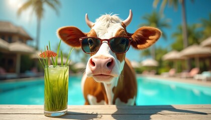 Funny cow wearing sunglasses by swimming pool with grass cocktail. Bovine animal enjoys summer vacation, drink at tropical resort. Humorous concept, leisure, travel, food and beverage.
