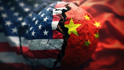 A globe split into two halves represents the United States and China, each bearing their respective flags. The crack down the center symbolizes geopolitical tensions and division, emphasizing internat