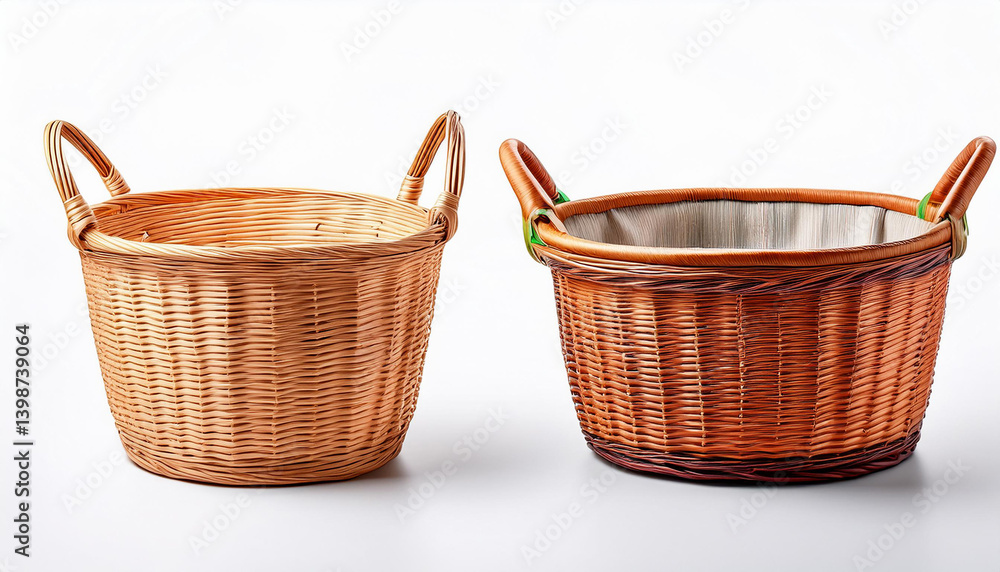Poster two wicker baskets sit side by side. one basket is empty and light brown. the other basket is dark b