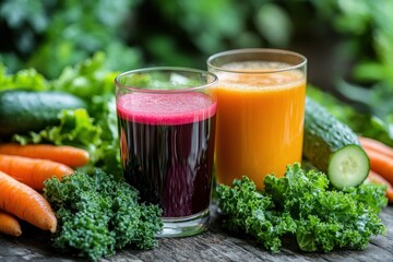 Brightly colored juices made from fresh fruits and vegetables sit amidst an abundance of greens, showcasing a nutritious lifestyle choice outdoors