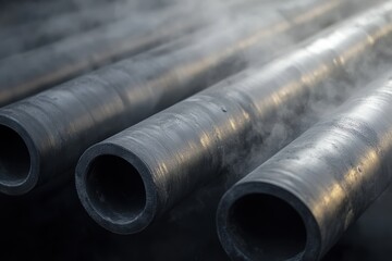 Steam rising from steel pipes in a pipeline system
