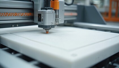 Advanced CNC machine precisely cutting foam block in modern manufacturing facility. Industrial automation technology process streamlines production. High tech workspace. Innovation in factory.