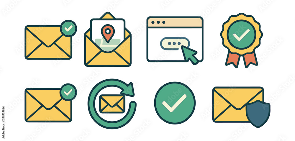 Poster set of icons for emails, including a check mark and a shield