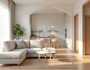 Fototapeta premium Modern, minimalist living room decor. White sofa, coffee table, carpet, wooden floor, interior design. Kitchen area with bar stools, dining table in the background. Big window with daylight.